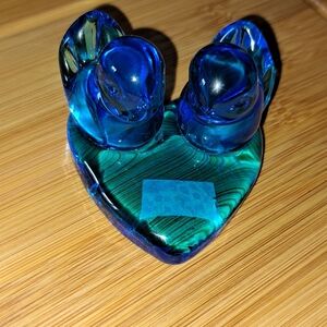 Vtg Leo Ward Double Bluebirds Of Happiness Art Glass Heart Pair Signed 1995